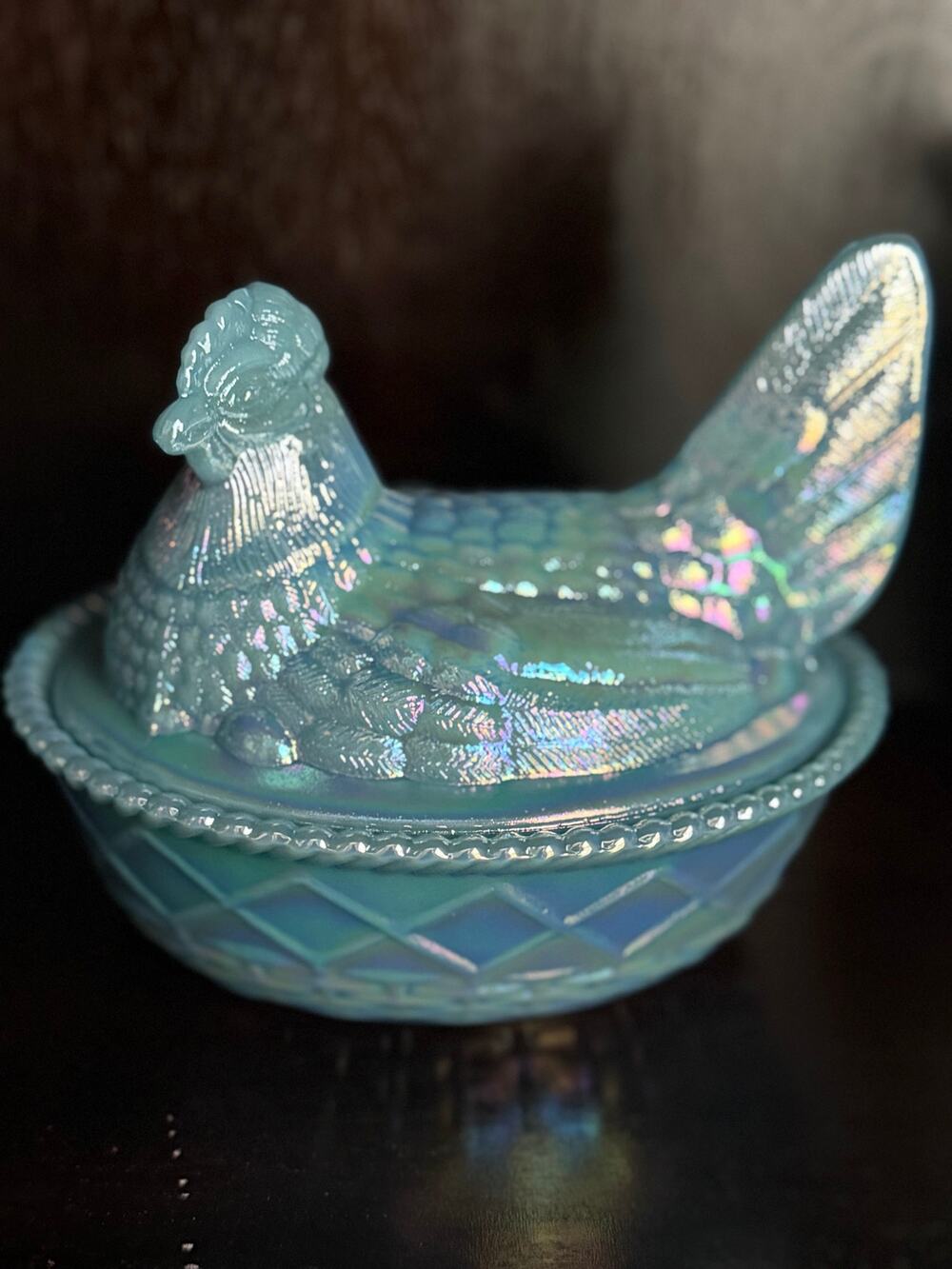 Georgia Blue Carnival Hen on Nest Westmoreland mold by Rosso Glass Company.